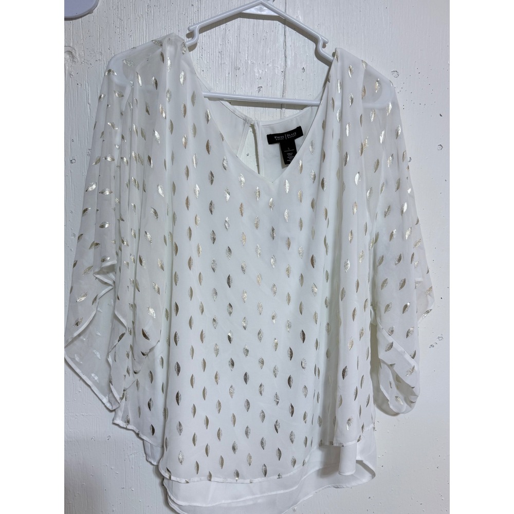 White House Black Market Cassy Kimono Foil Blouse White Gold Metallic L NWT